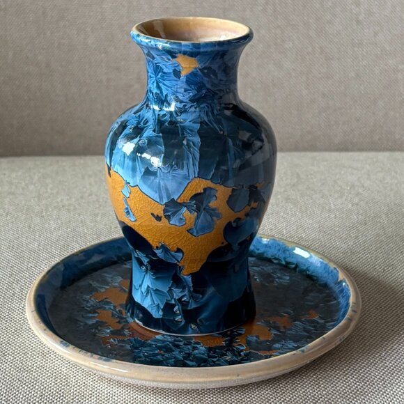 Crystalline Pottery Vase and Plate Handmade 2 Piece Set - Picture 11 of 11